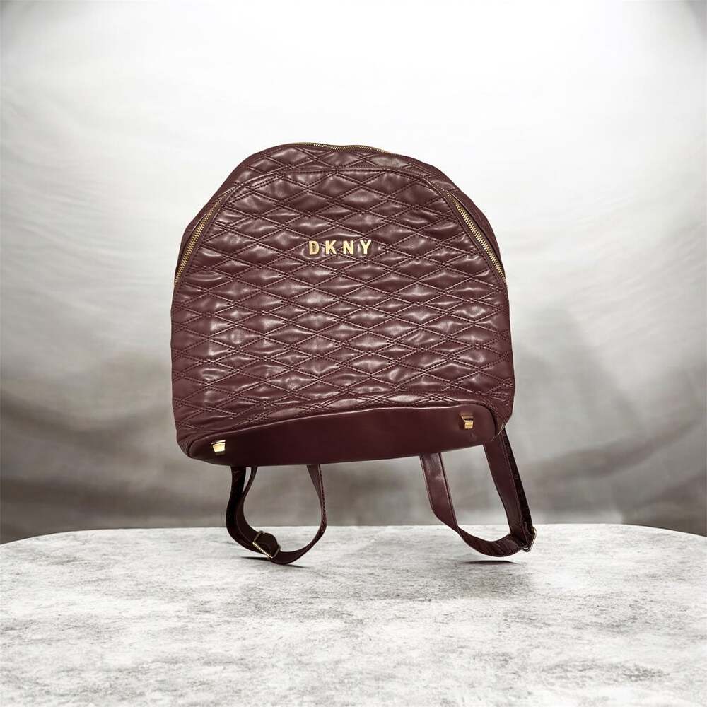 DKNY Backpack Womens Burgundy Quilted Faux Leather Gold Tone Zip Convertible